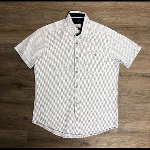 Burnside Men’s Short Sleeved Dress shirt, white with small blue pattern Sz S